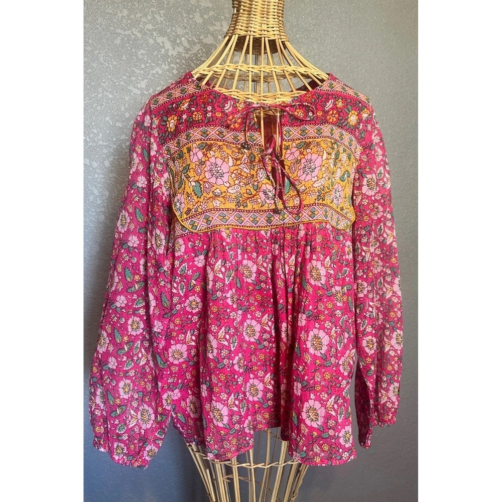 Little‎ Miss Gypsy Pink Floral Boho Blouse 100% Cotton Peasant Top Womens S/M